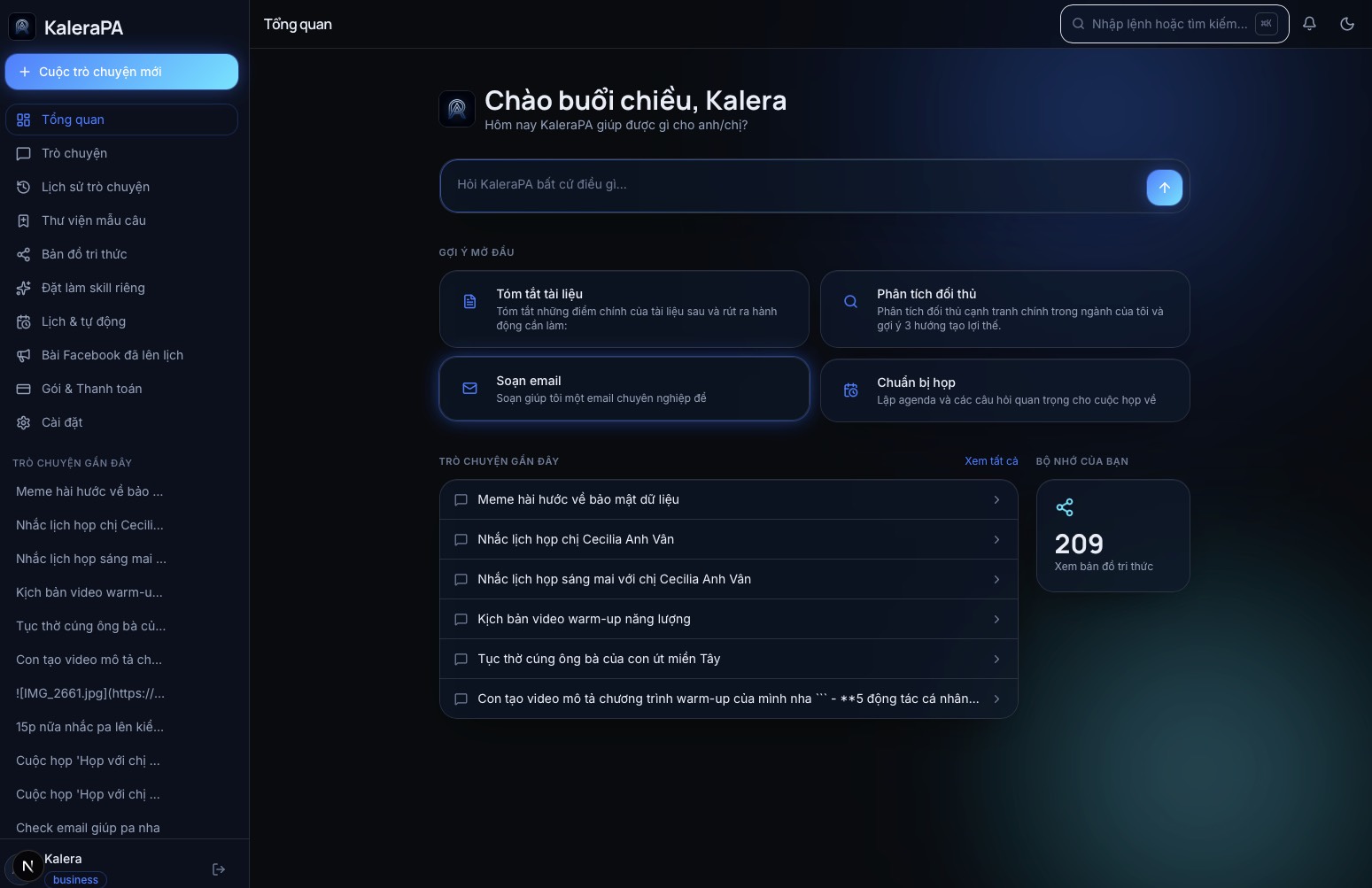 Kalera dashboard với gợi ý nhanh và prompt nhập việc